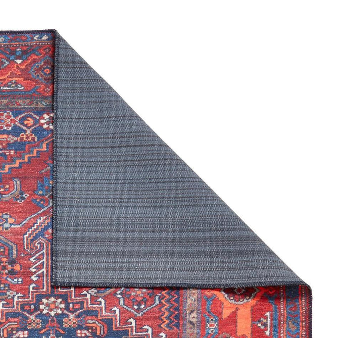 Washable Kashmar 2017 Traditional Persian Heriz Medallion Border Soft Digitally Printed Lightweight Textured Polyester Flatweave Deep Crimson Red/Rust Red/Navy/Ivory/Grey/Orange Rug-Think Rugs-Rug Love - The Most Loved Rug Store
