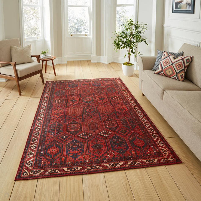 Washable Kashmar 2022 Traditional Tribal Afghan Bokhara Grid Border Soft Digitally Printed Lightweight Textured Polyester Flatweave Deep Crimson Red/Navy/Terra/Charcoal/Ivory/Beige Rug-Think Rugs-Rug Love - The Most Loved Rug Store