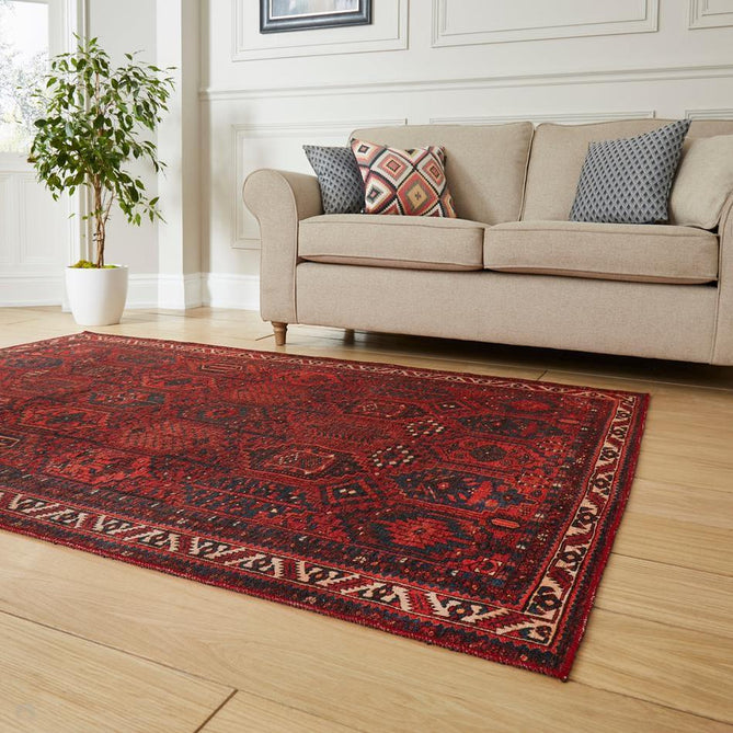 Washable Kashmar 2022 Traditional Tribal Afghan Bokhara Grid Border Soft Digitally Printed Lightweight Textured Polyester Flatweave Deep Crimson Red/Navy/Terra/Charcoal/Ivory/Beige Rug-Think Rugs-Rug Love - The Most Loved Rug Store
