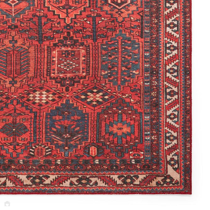 Washable Kashmar 2022 Traditional Tribal Afghan Bokhara Grid Border Soft Digitally Printed Lightweight Textured Polyester Flatweave Deep Crimson Red/Navy/Terra/Charcoal/Ivory/Beige Rug-Think Rugs-Rug Love - The Most Loved Rug Store