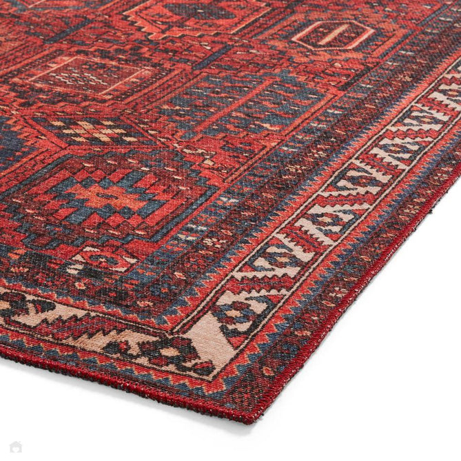 Washable Kashmar 2022 Traditional Tribal Afghan Bokhara Grid Border Soft Digitally Printed Lightweight Textured Polyester Flatweave Deep Crimson Red/Navy/Terra/Charcoal/Ivory/Beige Rug-Think Rugs-Rug Love - The Most Loved Rug Store