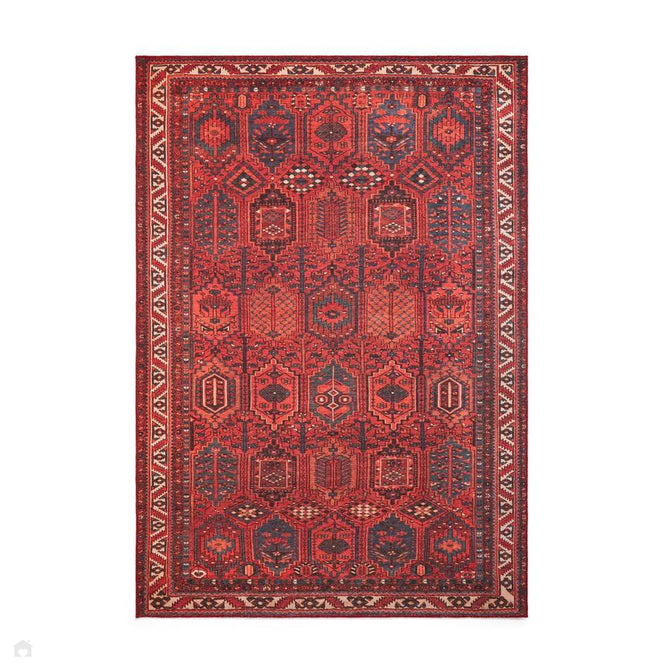 Washable Kashmar 2022 Traditional Tribal Afghan Bokhara Grid Border Soft Digitally Printed Lightweight Textured Polyester Flatweave Deep Crimson Red/Navy/Terra/Charcoal/Ivory/Beige Rug-Think Rugs-Rug Love - The Most Loved Rug Store