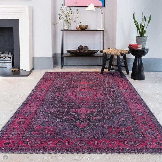 Washable Kaya Alya KY16 Traditional Persian Vintage Distressed Floral Durable Chenille Polyester Flatweave Fuchsia Red/Pink/Black/Multicolour Rug-Asiatic Carpets-Rug Love - The Most Loved Rug Store