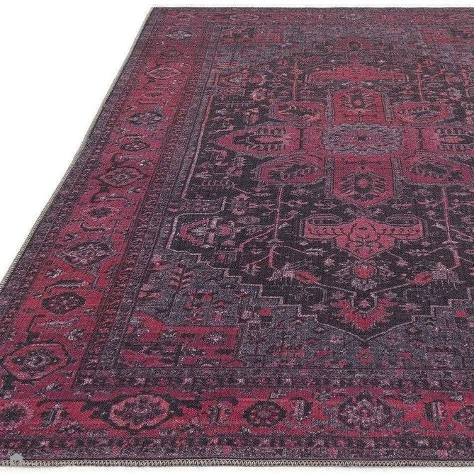 Washable Kaya Alya KY16 Traditional Persian Vintage Distressed Floral Durable Chenille Polyester Flatweave Fuchsia Red/Pink/Black/Multicolour Rug-Asiatic Carpets-Rug Love - The Most Loved Rug Store