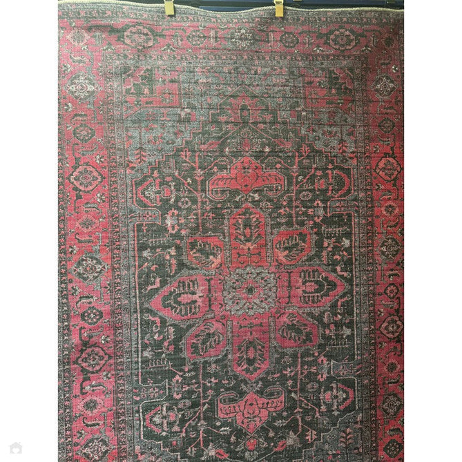 Washable Kaya Alya KY16 Traditional Persian Vintage Distressed Floral Durable Chenille Polyester Flatweave Fuchsia Red/Pink/Black/Multicolour Rug-Asiatic Carpets-Rug Love - The Most Loved Rug Store