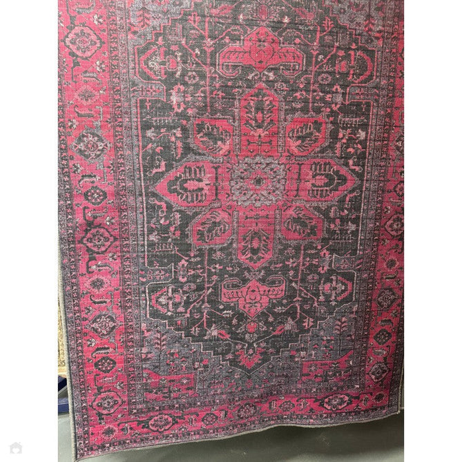 Washable Kaya Alya KY16 Traditional Persian Vintage Distressed Floral Durable Chenille Polyester Flatweave Fuchsia Red/Pink/Black/Multicolour Rug-Asiatic Carpets-Rug Love - The Most Loved Rug Store