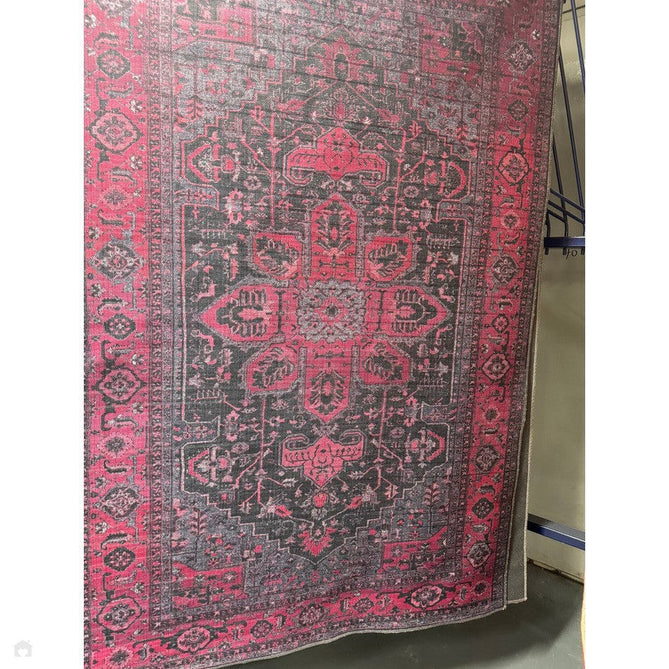 Washable Kaya Alya KY16 Traditional Persian Vintage Distressed Floral Durable Chenille Polyester Flatweave Fuchsia Red/Pink/Black/Multicolour Rug-Asiatic Carpets-Rug Love - The Most Loved Rug Store