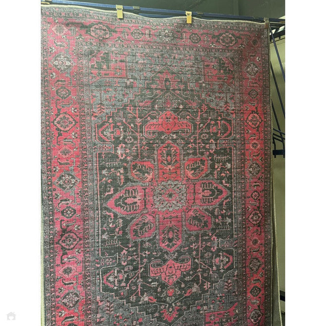 Washable Kaya Alya KY16 Traditional Persian Vintage Distressed Floral Durable Chenille Polyester Flatweave Fuchsia Red/Pink/Black/Multicolour Rug-Asiatic Carpets-Rug Love - The Most Loved Rug Store