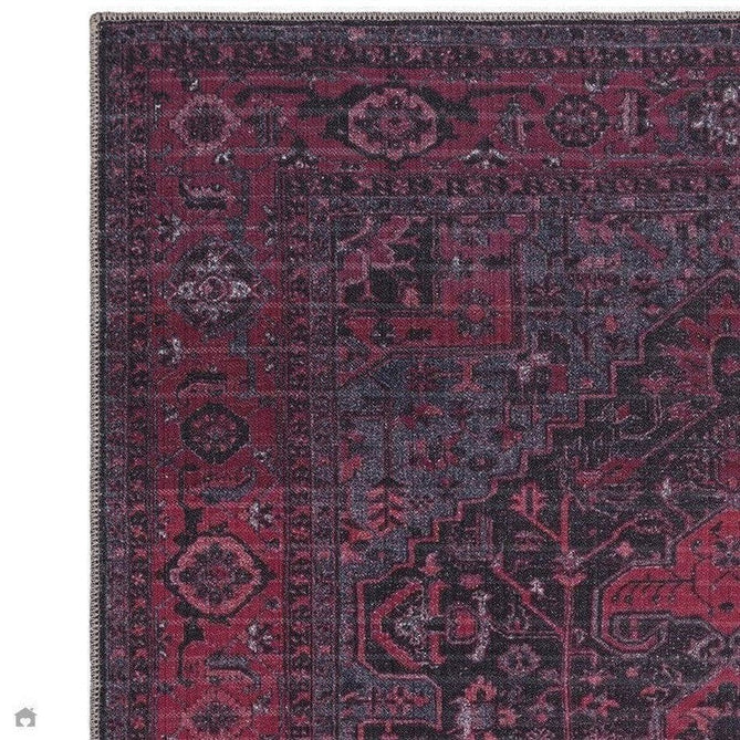 Washable Kaya Alya KY16 Traditional Persian Vintage Distressed Floral Durable Chenille Polyester Flatweave Fuchsia Red/Pink/Black/Multicolour Rug-Asiatic Carpets-Rug Love - The Most Loved Rug Store