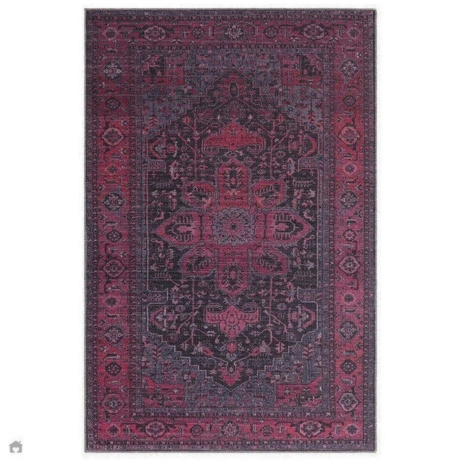 Washable Kaya Alya KY16 Traditional Persian Vintage Distressed Floral Durable Chenille Polyester Flatweave Fuchsia Red/Pink/Black/Multicolour Rug-Asiatic Carpets-Rug Love - The Most Loved Rug Store