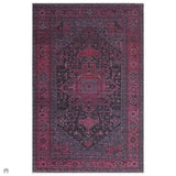 Washable Kaya Alya KY16 Traditional Persian Vintage Distressed Floral Durable Chenille Polyester Flatweave Fuchsia Red/Pink/Black/Multicolour Rug