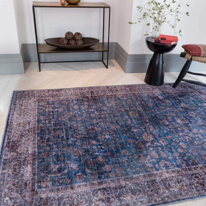 Washable Kaya Ava KY02 Traditional Persian Vintage Distressed Floral Durable Chenille Polyester Flatweave Blue/Multicolour Rug-Asiatic Carpets-Rug Love - The Most Loved Rug Store
