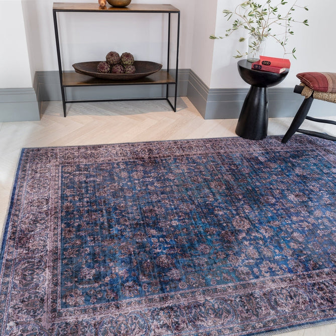 Washable Kaya Ava KY02 Traditional Persian Vintage Distressed Floral Durable Chenille Polyester Flatweave Blue/Multicolour Rug-Asiatic Carpets-Rug Love - The Most Loved Rug Store