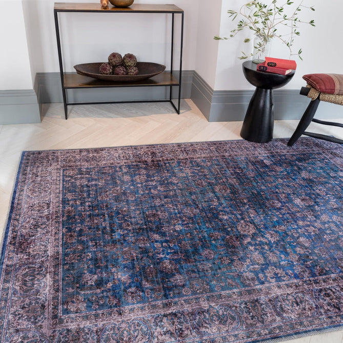 Washable Kaya Ava KY02 Traditional Persian Vintage Distressed Floral Durable Chenille Polyester Flatweave Blue/Multicolour Rug-Asiatic Carpets-Rug Love - The Most Loved Rug Store