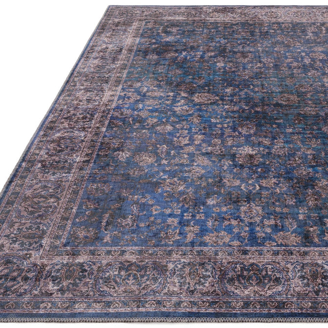 Washable Kaya Ava KY02 Traditional Persian Vintage Distressed Floral Durable Chenille Polyester Flatweave Blue/Multicolour Rug-Asiatic Carpets-Rug Love - The Most Loved Rug Store