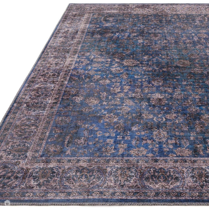 Washable Kaya Ava KY02 Traditional Persian Vintage Distressed Floral Durable Chenille Polyester Flatweave Blue/Multicolour Rug-Asiatic Carpets-Rug Love - The Most Loved Rug Store