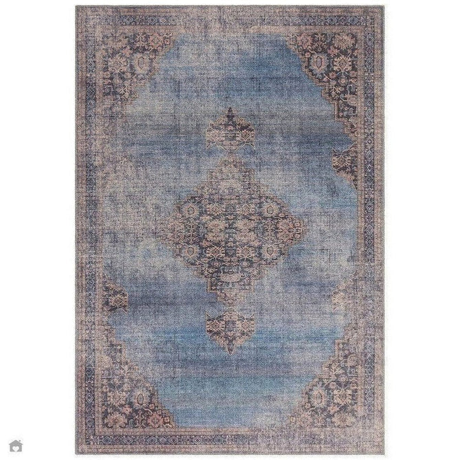 Washable Kaya Dana KY08 Traditional Persian Vintage Distressed Floral Durable Chenille Polyester Flatweave Blue/Brown/Pink/Red Rust/Multicolour Rug-Asiatic Carpets-Rug Love - The Most Loved Rug Store