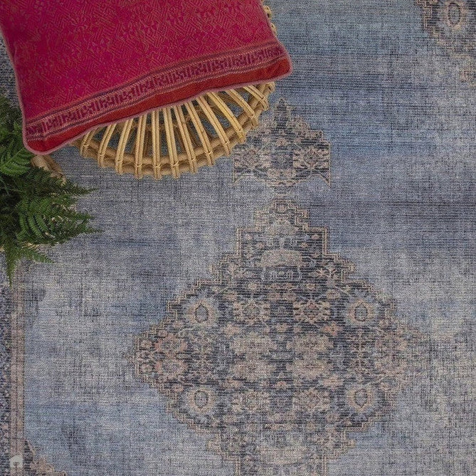 Washable Kaya Dana KY08 Traditional Persian Vintage Distressed Floral Durable Chenille Polyester Flatweave Blue/Brown/Pink/Red Rust/Multicolour Rug-Asiatic Carpets-Rug Love - The Most Loved Rug Store
