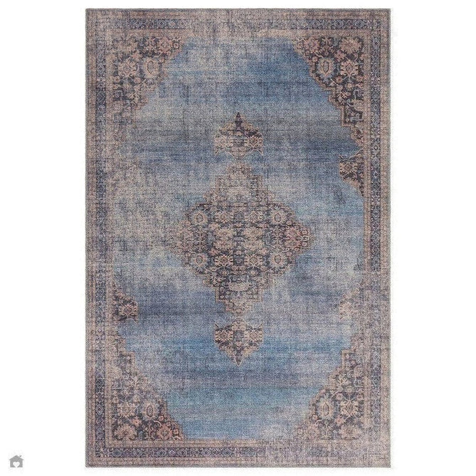 Washable Kaya Dana KY08 Traditional Persian Vintage Distressed Floral Durable Chenille Polyester Flatweave Blue/Brown/Pink/Red Rust/Multicolour Rug-Asiatic Carpets-Rug Love - The Most Loved Rug Store