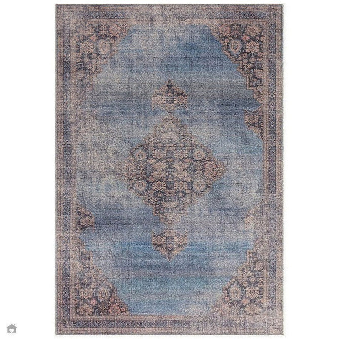 Washable Kaya Dana KY08 Traditional Persian Vintage Distressed Floral Durable Chenille Polyester Flatweave Blue/Brown/Pink/Red Rust/Multicolour Rug-Asiatic Carpets-Rug Love - The Most Loved Rug Store