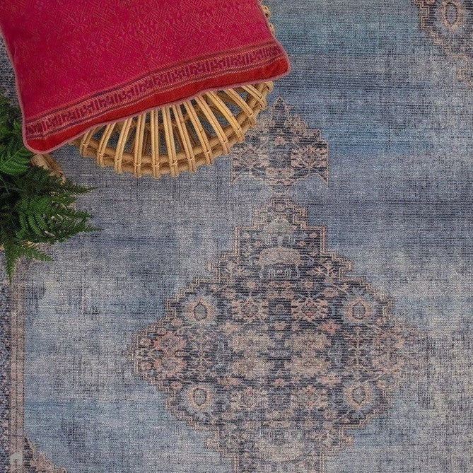Washable Kaya Dana KY08 Traditional Persian Vintage Distressed Floral Durable Chenille Polyester Flatweave Blue/Brown/Pink/Red Rust/Multicolour Rug-Asiatic Carpets-Rug Love - The Most Loved Rug Store