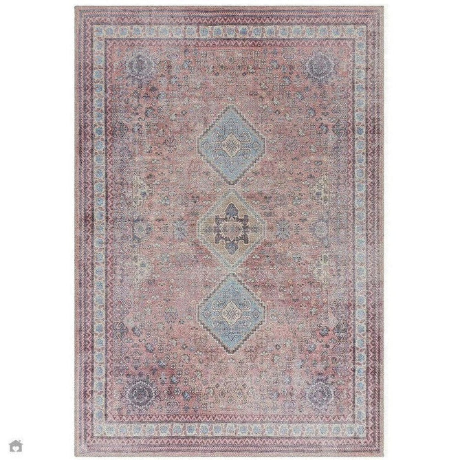 Washable Kaya Esfir KY09 Traditional Persian Vintage Distressed Floral Durable Chenille Polyester Flatweave Pink/Red/Blue/Yellow/Multicolour Rug-Asiatic Carpets-Rug Love - The Most Loved Rug Store