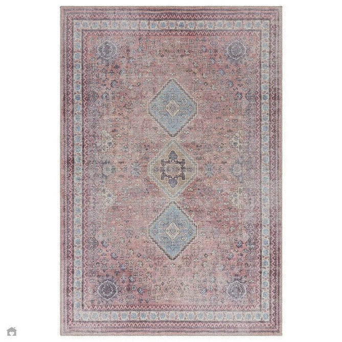 Washable Kaya Esfir KY09 Traditional Persian Vintage Distressed Floral Durable Chenille Polyester Flatweave Pink/Red/Blue/Yellow/Multicolour Rug-Asiatic Carpets-Rug Love - The Most Loved Rug Store