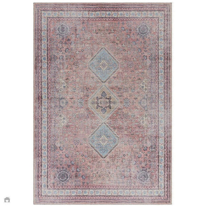 Washable Kaya Esfir KY09 Traditional Persian Vintage Distressed Floral Durable Chenille Polyester Flatweave Pink/Red/Blue/Yellow/Multicolour Rug-Asiatic Carpets-Rug Love - The Most Loved Rug Store