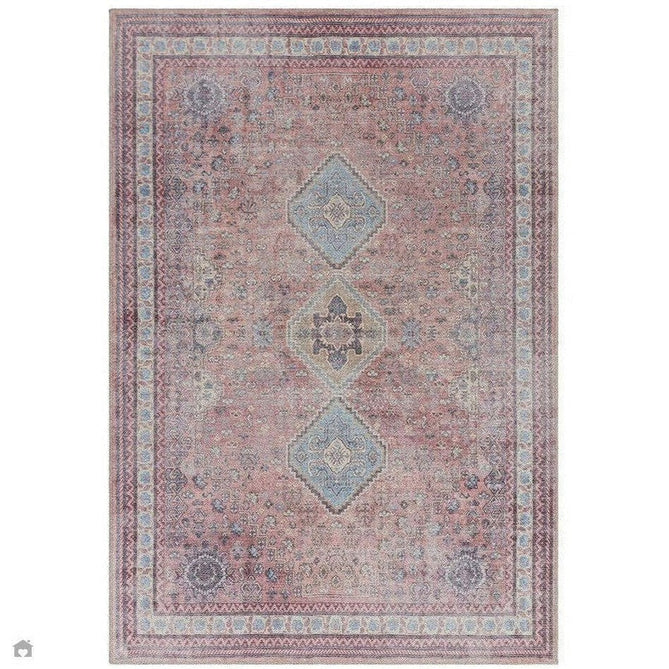 Washable Kaya Esfir KY09 Traditional Persian Vintage Distressed Floral Durable Chenille Polyester Flatweave Pink/Red/Blue/Yellow/Multicolour Rug-Asiatic Carpets-Rug Love - The Most Loved Rug Store