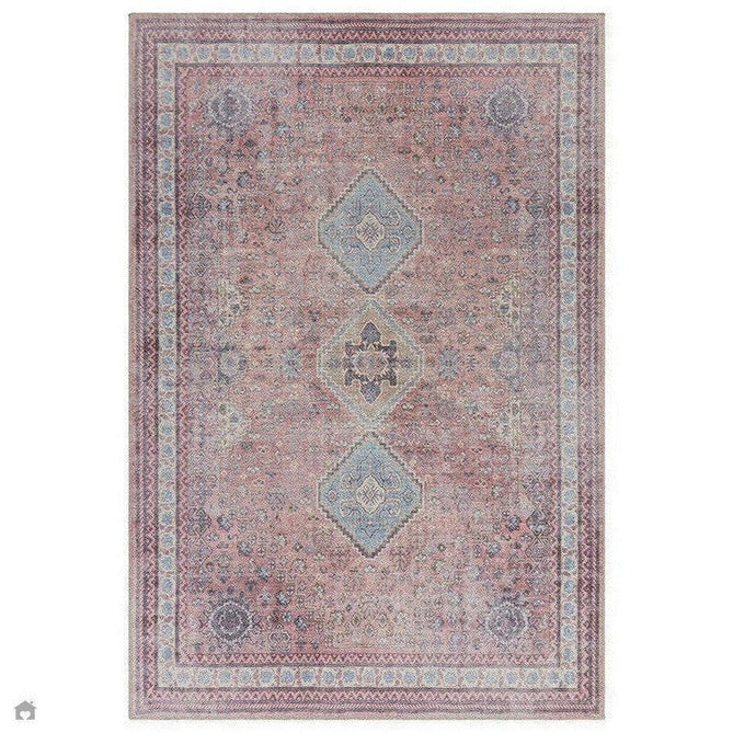 Washable Kaya Esfir KY09 Traditional Persian Vintage Distressed Floral Durable Chenille Polyester Flatweave Pink/Red/Blue/Yellow/Multicolour Rug-Asiatic Carpets-Rug Love - The Most Loved Rug Store