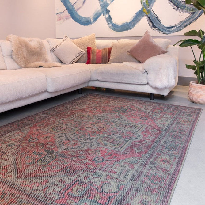 Washable Kaya Iman KY07 Traditional Persian Vintage Distressed Floral Durable Chenille Polyester Flatweave Red/Blue/Beige/Multicolour Rug-Asiatic Carpets-Rug Love - The Most Loved Rug Store