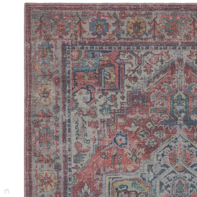 Washable Kaya Iman KY07 Traditional Persian Vintage Distressed Floral Durable Chenille Polyester Flatweave Red/Blue/Beige/Multicolour Rug-Asiatic Carpets-Rug Love - The Most Loved Rug Store