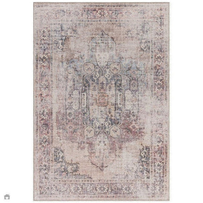 Washable Kaya Lila KY12 Traditional Persian Vintage Distressed Floral Durable Chenille Polyester Flatweave Beige/Red Pink/Blue/Cream/Multicolour Rug-Asiatic Carpets-Rug Love - The Most Loved Rug Store