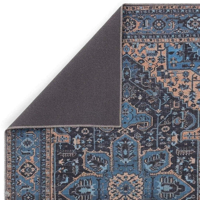 Washable Kaya Niki KY14 Traditional Persian Vintage Distressed Floral Durable Chenille Polyester Flatweave Blue/Orange/Black/Multicolour Rug-Asiatic Carpets-Rug Love - The Most Loved Rug Store