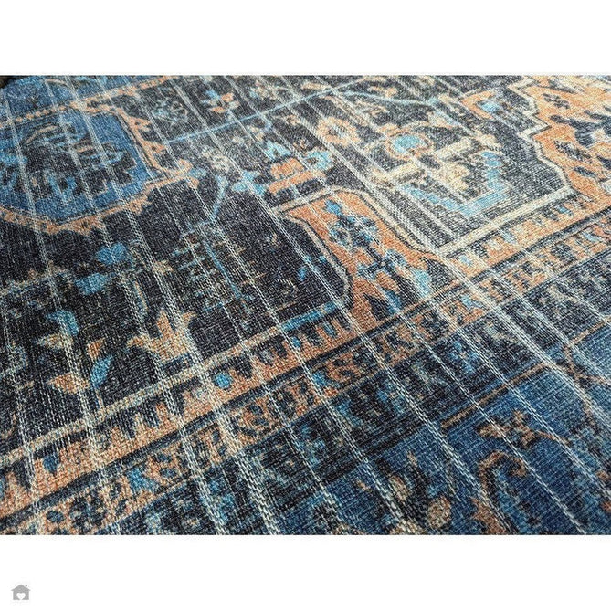 Washable Kaya Niki KY14 Traditional Persian Vintage Distressed Floral Durable Chenille Polyester Flatweave Blue/Orange/Black/Multicolour Rug-Asiatic Carpets-Rug Love - The Most Loved Rug Store
