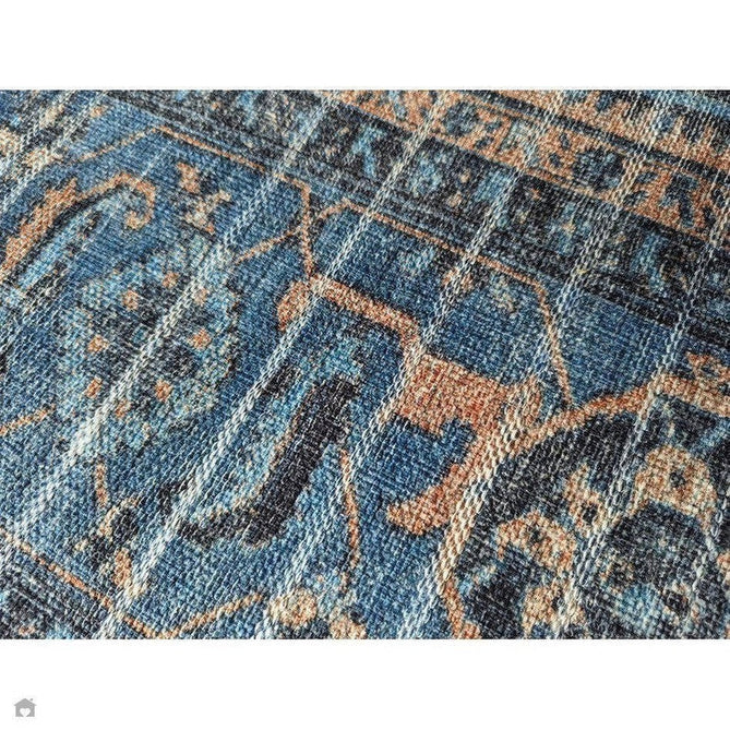 Washable Kaya Niki KY14 Traditional Persian Vintage Distressed Floral Durable Chenille Polyester Flatweave Blue/Orange/Black/Multicolour Rug-Asiatic Carpets-Rug Love - The Most Loved Rug Store