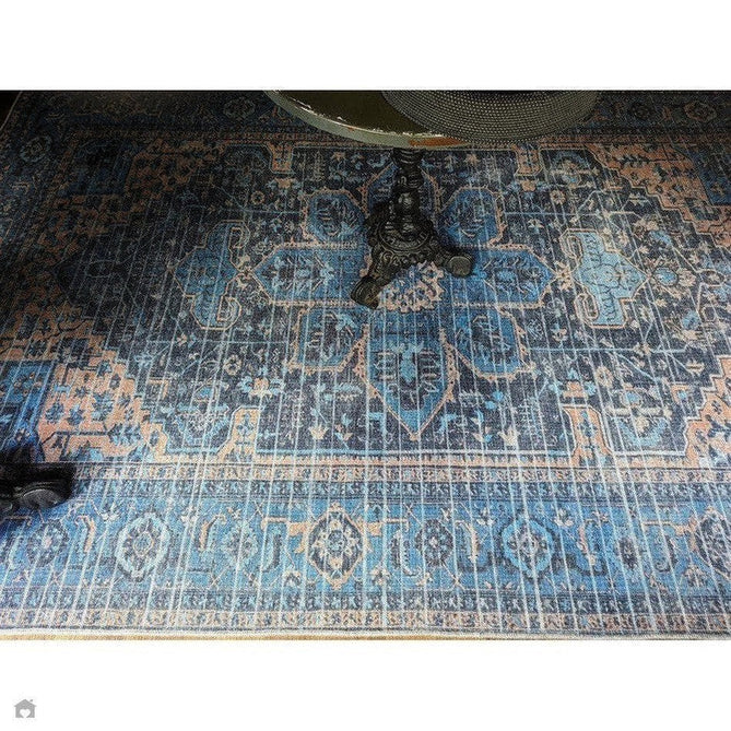 Washable Kaya Niki KY14 Traditional Persian Vintage Distressed Floral Durable Chenille Polyester Flatweave Blue/Orange/Black/Multicolour Rug-Asiatic Carpets-Rug Love - The Most Loved Rug Store