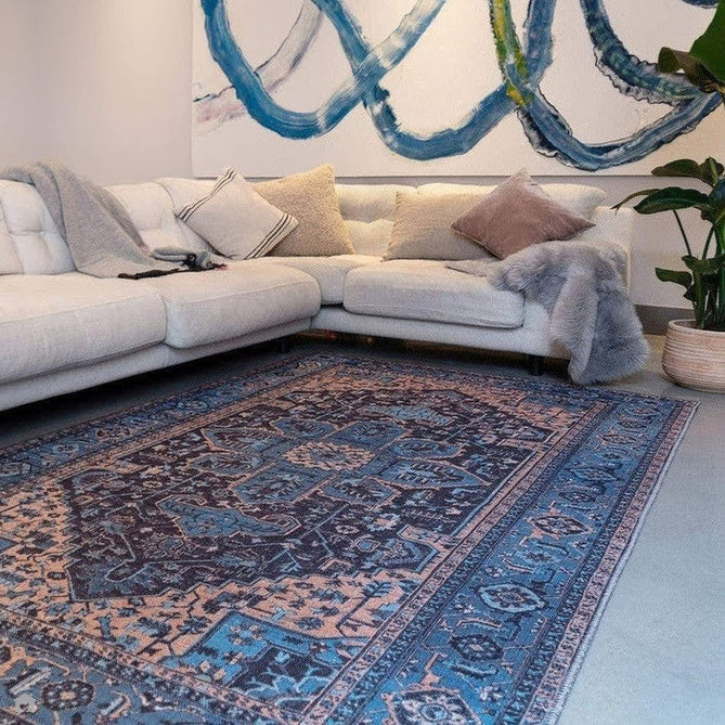 Washable Kaya Niki KY14 Traditional Persian Vintage Distressed Floral Durable Chenille Polyester Flatweave Blue/Orange/Black/Multicolour Rug-Asiatic Carpets-Rug Love - The Most Loved Rug Store