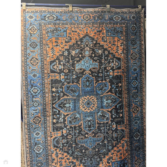 Washable Kaya Niki KY14 Traditional Persian Vintage Distressed Floral Durable Chenille Polyester Flatweave Blue/Orange/Black/Multicolour Rug-Asiatic Carpets-Rug Love - The Most Loved Rug Store