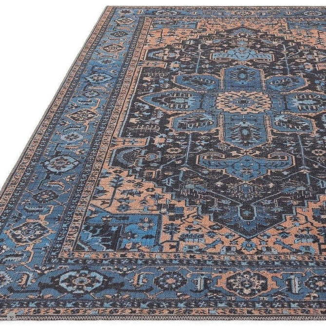 Washable Kaya Niki KY14 Traditional Persian Vintage Distressed Floral Durable Chenille Polyester Flatweave Blue/Orange/Black/Multicolour Rug-Asiatic Carpets-Rug Love - The Most Loved Rug Store