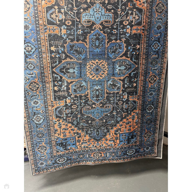 Washable Kaya Niki KY14 Traditional Persian Vintage Distressed Floral Durable Chenille Polyester Flatweave Blue/Orange/Black/Multicolour Rug-Asiatic Carpets-Rug Love - The Most Loved Rug Store