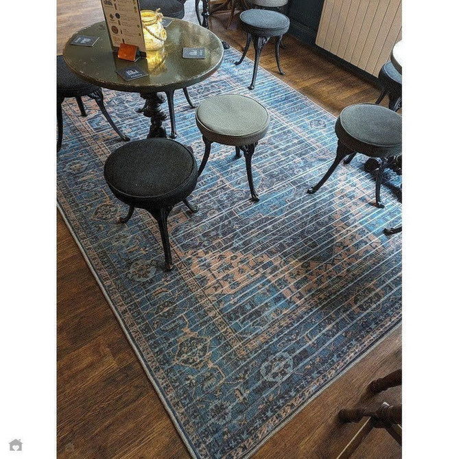 Washable Kaya Niki KY14 Traditional Persian Vintage Distressed Floral Durable Chenille Polyester Flatweave Blue/Orange/Black/Multicolour Rug-Asiatic Carpets-Rug Love - The Most Loved Rug Store