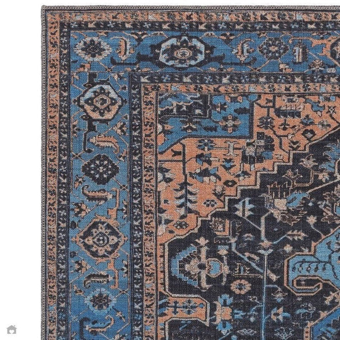 Washable Kaya Niki KY14 Traditional Persian Vintage Distressed Floral Durable Chenille Polyester Flatweave Blue/Orange/Black/Multicolour Rug-Asiatic Carpets-Rug Love - The Most Loved Rug Store
