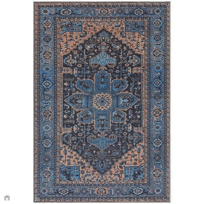 Washable Kaya Niki KY14 Traditional Persian Vintage Distressed Floral Durable Chenille Polyester Flatweave Blue/Orange/Black/Multicolour Rug-Asiatic Carpets-Rug Love - The Most Loved Rug Store