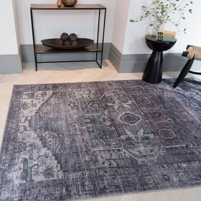 Washable Kaya Noor KY03 Traditional Persian Vintage Distressed Floral Durable Chenille Polyester Flatweave Grey/Blue/Purple/Multicolour Rug-Asiatic Carpets-Rug Love - The Most Loved Rug Store