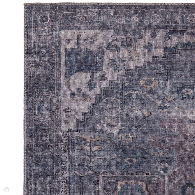 Washable Kaya Noor KY03 Traditional Persian Vintage Distressed Floral Durable Chenille Polyester Flatweave Grey/Blue/Purple/Multicolour Rug-Asiatic Carpets-Rug Love - The Most Loved Rug Store