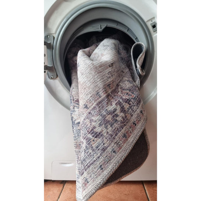 Washable Kaya Noor KY03 Traditional Persian Vintage Distressed Floral Durable Chenille Polyester Flatweave Grey/Blue/Purple/Multicolour Rug-Asiatic Carpets-Rug Love - The Most Loved Rug Store