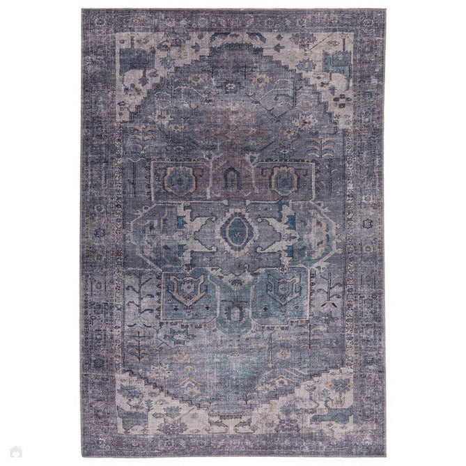 Washable Kaya Noor KY03 Traditional Persian Vintage Distressed Floral Durable Chenille Polyester Flatweave Grey/Blue/Purple/Multicolour Rug-Asiatic Carpets-Rug Love - The Most Loved Rug Store