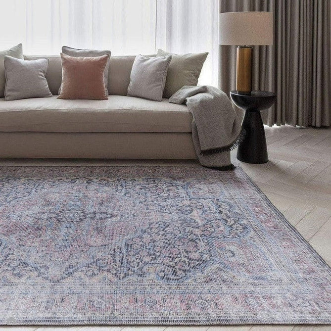 Washable Kaya Rana KY11 Traditional Persian Vintage Distressed Floral Durable Chenille Polyester Flatweave Red/Blue/Multicolourcolour Rug-Asiatic Carpets-Rug Love - The Most Loved Rug Store