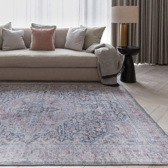 Washable Kaya Rana KY11 Traditional Persian Vintage Distressed Floral Durable Chenille Polyester Flatweave Red/Blue/Multicolourcolour Rug-Asiatic Carpets-Rug Love - The Most Loved Rug Store